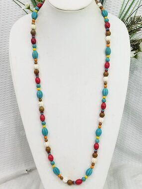 Signed Turquoise Haven Blue Turquoise & Red Multicolor Bead 40" Long Necklace